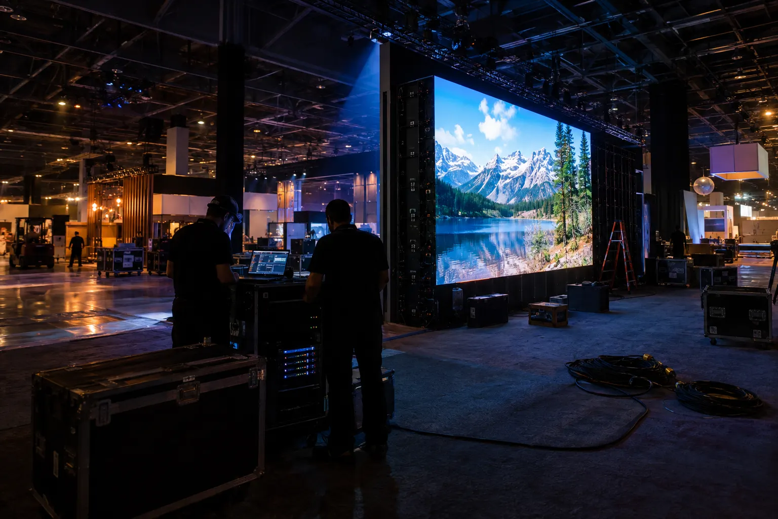 Two AV technicians commissioning an LED video wall in a convention booth during move-in