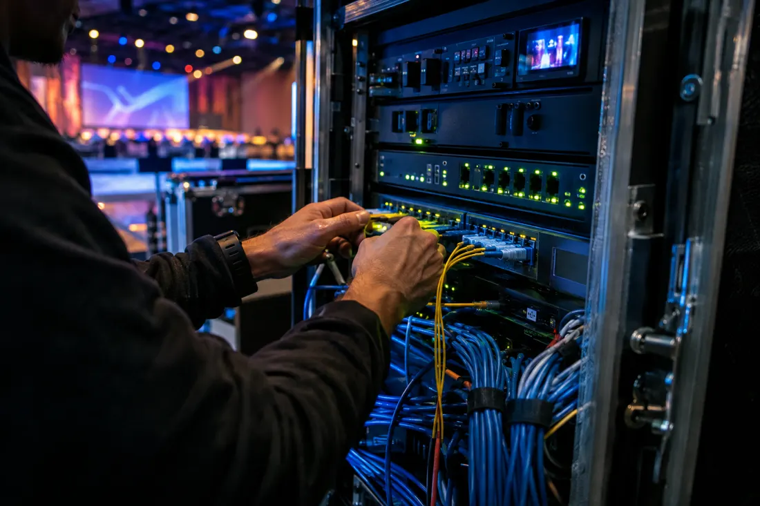 Technician patching fiber and network cable into a road-case rack of video processors